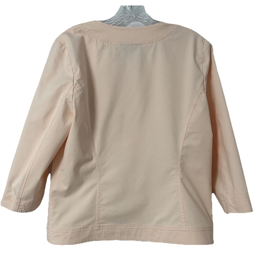 Chico's Jacket Size 1 Peach Pink Ruffle Trim Open Front 3/4 Sleeve Twill Blazer - Picture 3 of 11